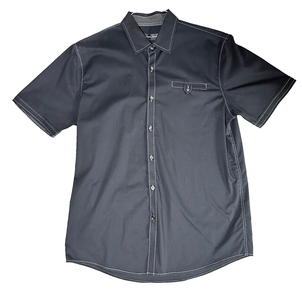 Michael Brandon Mens Black Short Sleeve Contrast Stitch Button Down Shirt Large